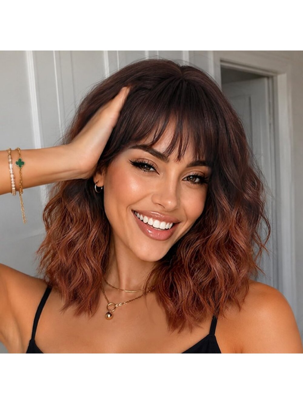 Women's Chocolate Brown Short Shoulder Curly with Bangs 16 Inch Synthetic Wig